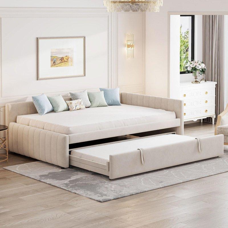 Bej Kumaş Döşemeli L Köşe Tasarımlı Yavru Yataklı Daybed Karyola - 204x145 cm - 330324