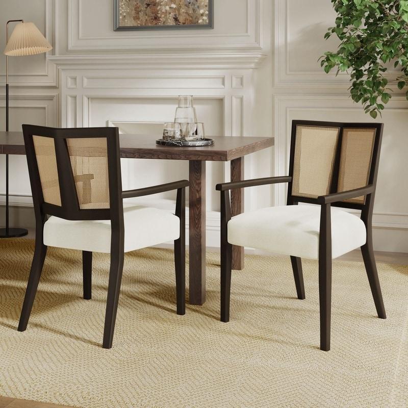 Bej Kumaş Döşemeli Masif Ahşap Kolçaklı 2li Set Rattan Sandalye - 252765