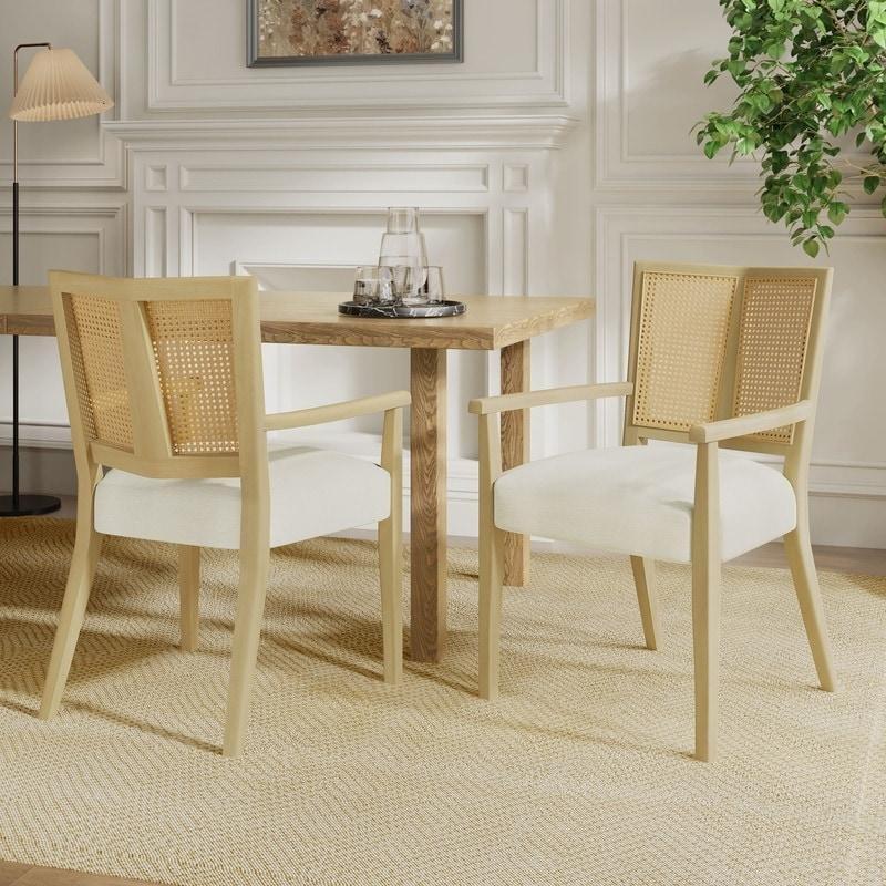 Bej Kumaş Döşemeli Masif Ahşap Kolçaklı 2li Set Rattan Sandalye - 252765