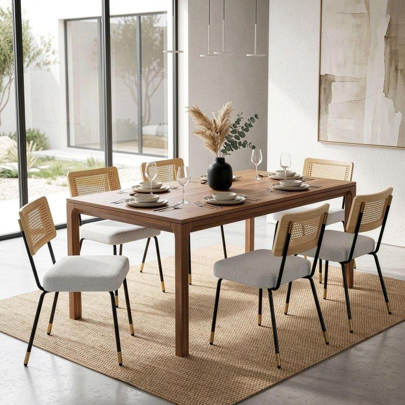 Bej Kumaş Döşemeli Sentetik Rattan Sırtlı Gold Detaylı Metal Ayaklı 2li Set Rattan Sandalye - 252248