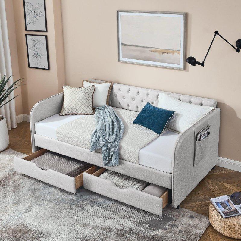 Bej Kumaş Döşemeli Yavru Yataklı Çekmeceli Kapitoneli Daybed Karyola - 205x116x87 cm - 329737