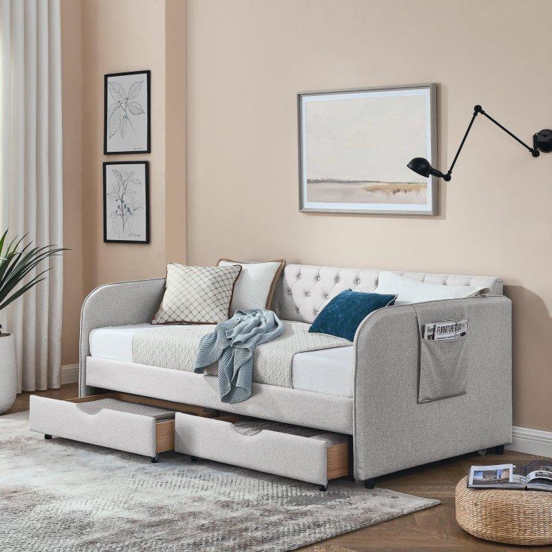 Bej Kumaş Döşemeli Yavru Yataklı Çekmeceli Kapitoneli Daybed Karyola - 205x116x87 cm - 329737 Bej Kumaş Döşemeli Yavru Yataklı Çekmeceli Kapitoneli Daybed Karyola - 205x116x87 cm - 329737
