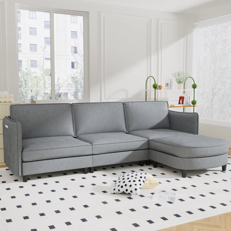 Bej Kumaş Hareketli Puflu Yan Cepli Köşe Koltuk - 274x152 cm - 255407