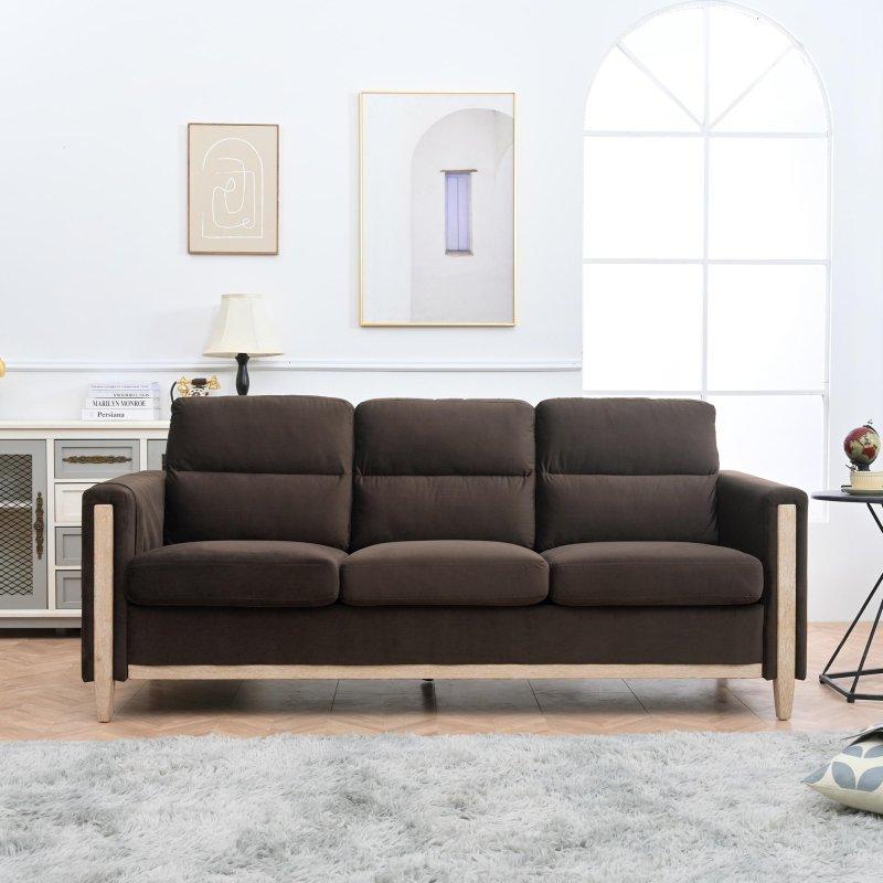 Bej Kumaş Masif Ahşap Ayaklı 3 Kişilik Yuvarlak Kollu Bohem Koltuk - 203x80 cm - 284736