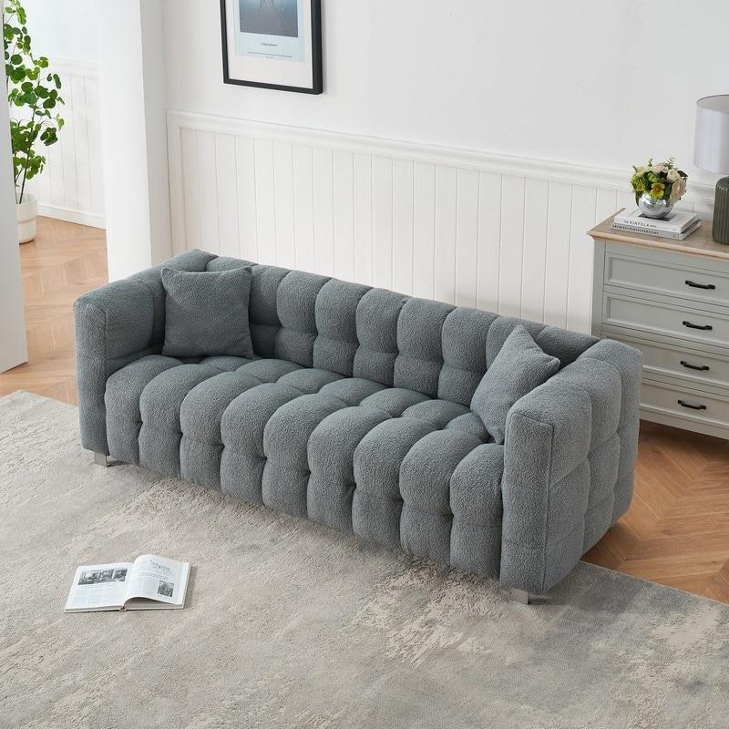 Bej Kumaş Masif Ahşap Kapitoneli Metal Ayaklı Bohem Koltuk - 204 cm - 279389