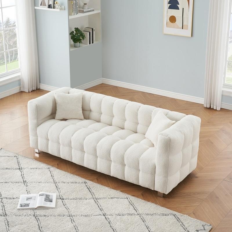 Bej Kumaş Masif Ahşap Kapitoneli Metal Ayaklı Bohem Koltuk - 204 cm - 279389