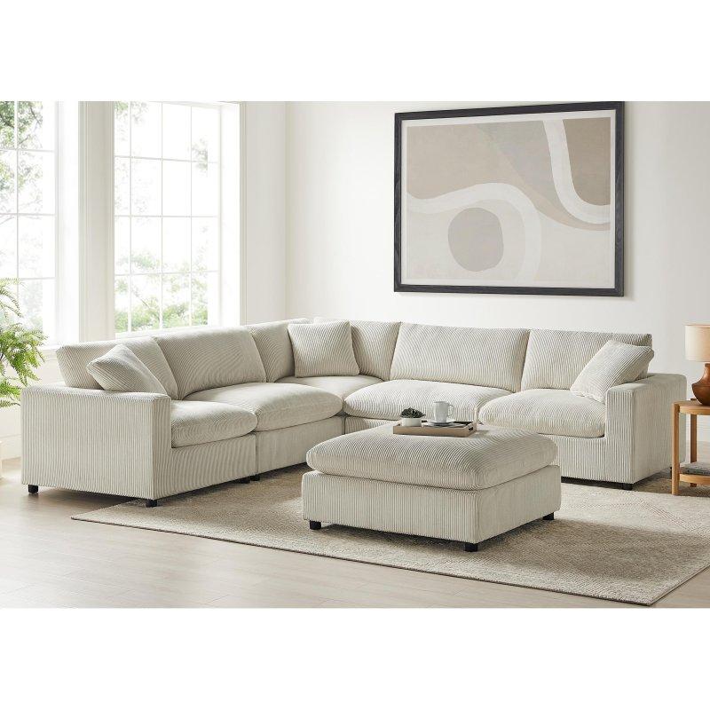 Bej Kumaş Modüler 6 Parça Puf Dahil Köşe Koltuk - 305x305 cm - 260036