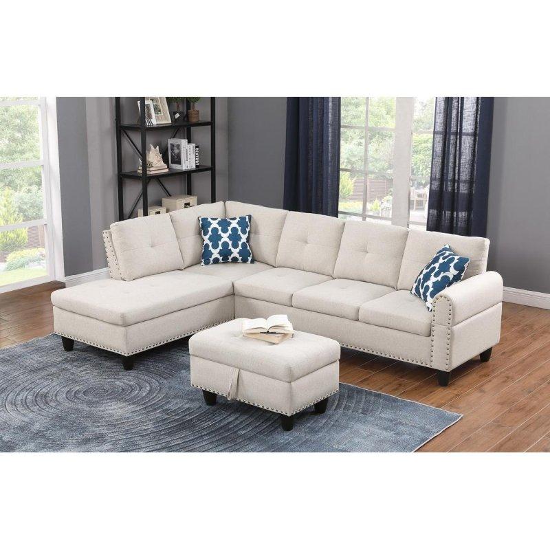 Bej Kumaş Modüler Bardaklıklı Sandıklı Puflu Köşe Koltuk - 249x181 cm - 259003