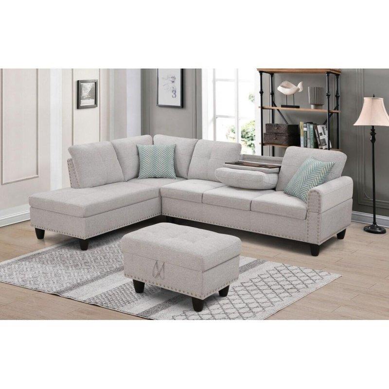 Bej Kumaş Modüler Bardaklıklı Sandıklı Puflu Köşe Koltuk - 249x181 cm - 259003