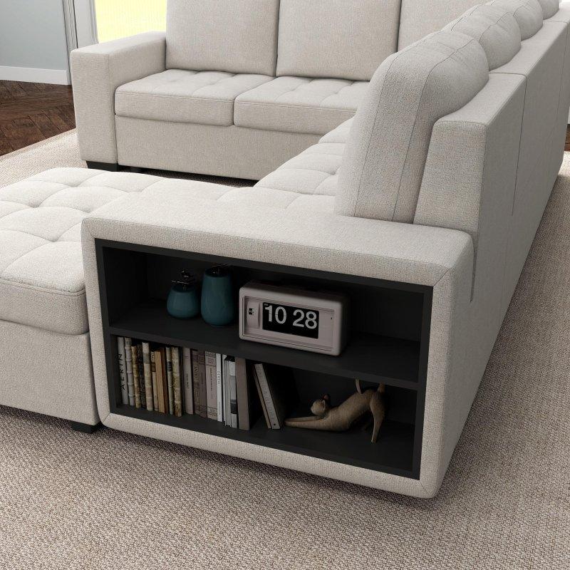 Bej Kumaş Yataklı Sandıklı Raflı ve USB Portlu U Köşe Koltuk - 326x252 cm - 256193