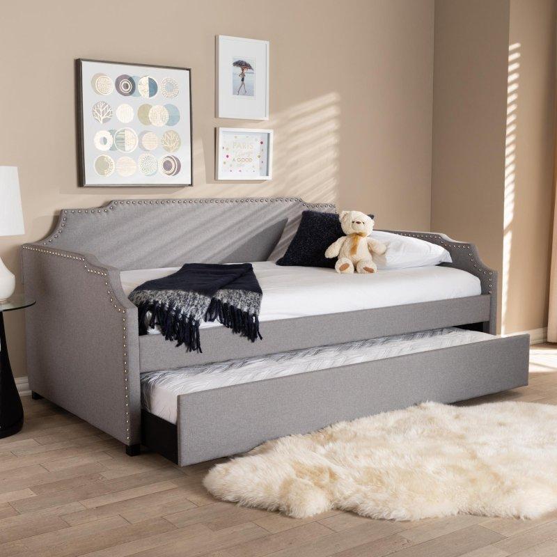 Bej Kumaş Yavru Yataklı Zımba Detaylı Daybed Karyola - 208 cm - 330165