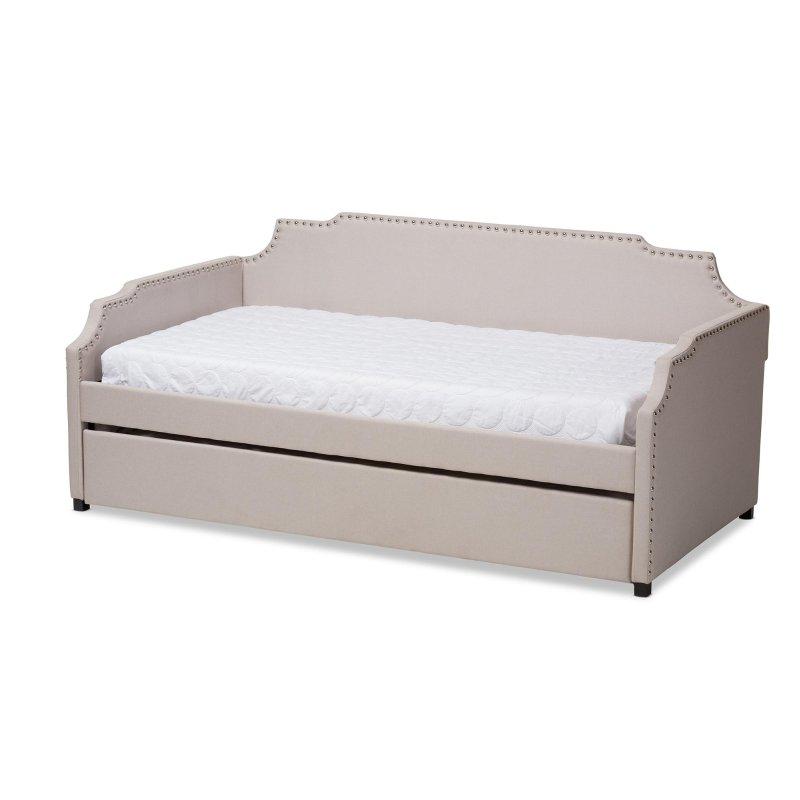 Bej Kumaş Yavru Yataklı Zımba Detaylı Daybed Karyola - 208 cm - 330165