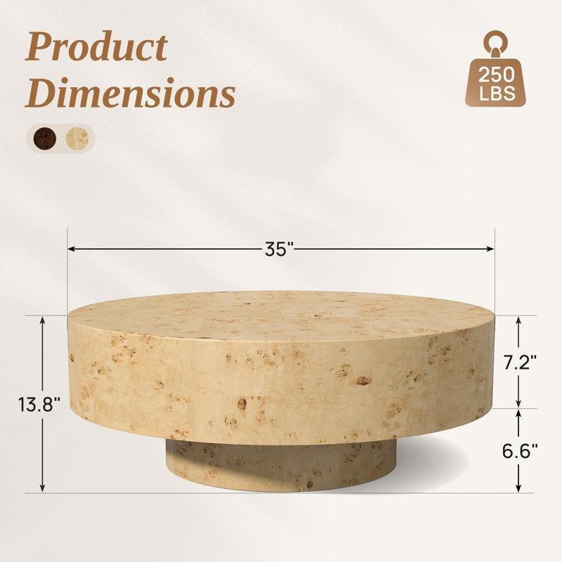 Bej Masif Ağaç Ur Desenli El Yapımı Kavisli Yuvarlak Orta Sehpa - 81 cm - 244183