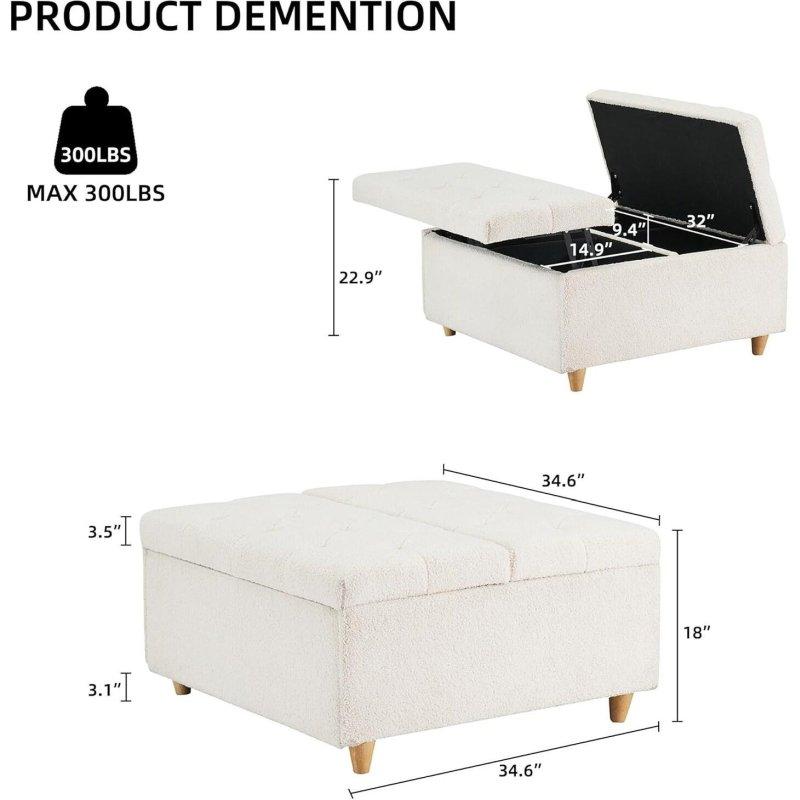 Bej Masif Ahşap Ayaklı Sherpa Kumaş Kapitoneli Kalkar Kapaklı Saklama Bölmeli Akıllı Sehpa - 88x88 cm - 254038