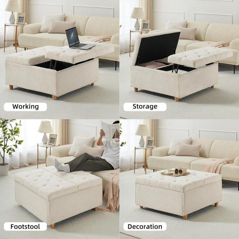 Bej Masif Ahşap Ayaklı Sherpa Kumaş Kapitoneli Kalkar Kapaklı Saklama Bölmeli Akıllı Sehpa - 88x88 cm - 254038