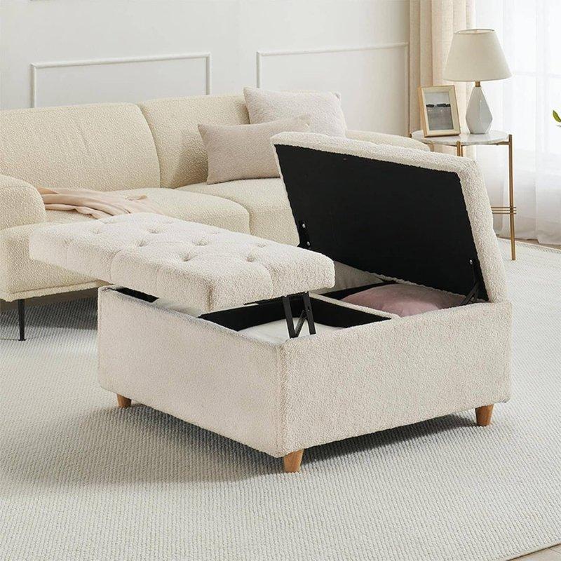 Bej Masif Ahşap Ayaklı Sherpa Kumaş Kapitoneli Kalkar Kapaklı Saklama Bölmeli Akıllı Sehpa - 88x88 cm - 254038