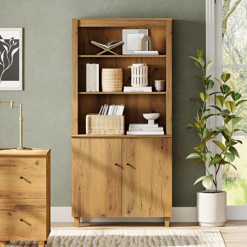 Bej Masif Ahşap Bacaklı Kapaklı Ayarlanabilir Raflı Kitaplık - 90x40x181 cm - 316337
