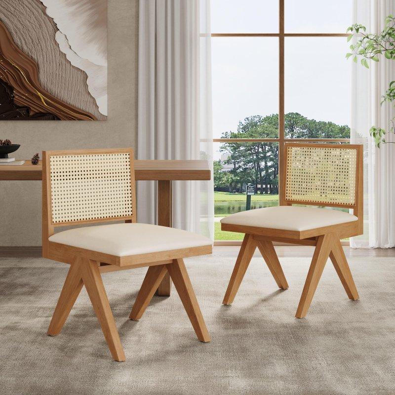 Bej Masif Ahşap Döşemeli El Yapımı 2li Set Rattan Sandalye - 251795