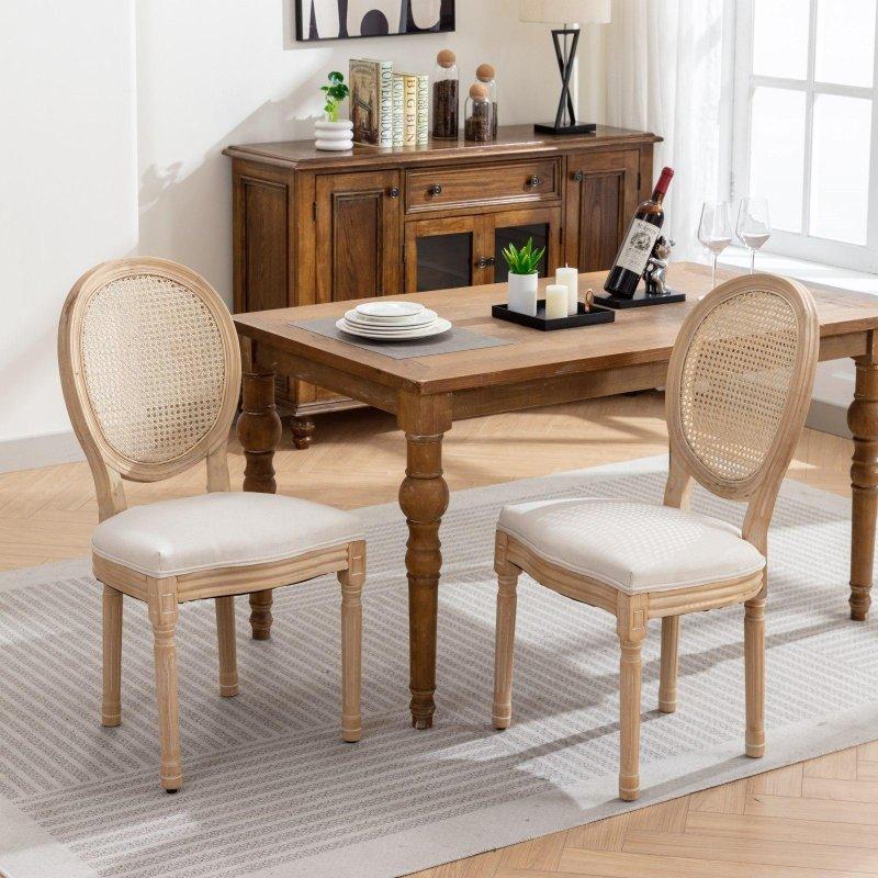 Bej Masif Ahşap Eskitme Boyalı Keten Kumaş 2li Set Rattan Sandalye - 252358
