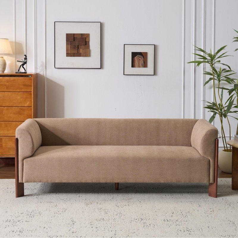 Bej Masif Ahşap Huş Ağacı Ayaklı Tuxedo Kollu 3 Kişilik Bohem Koltuk - 203 cm - 278333