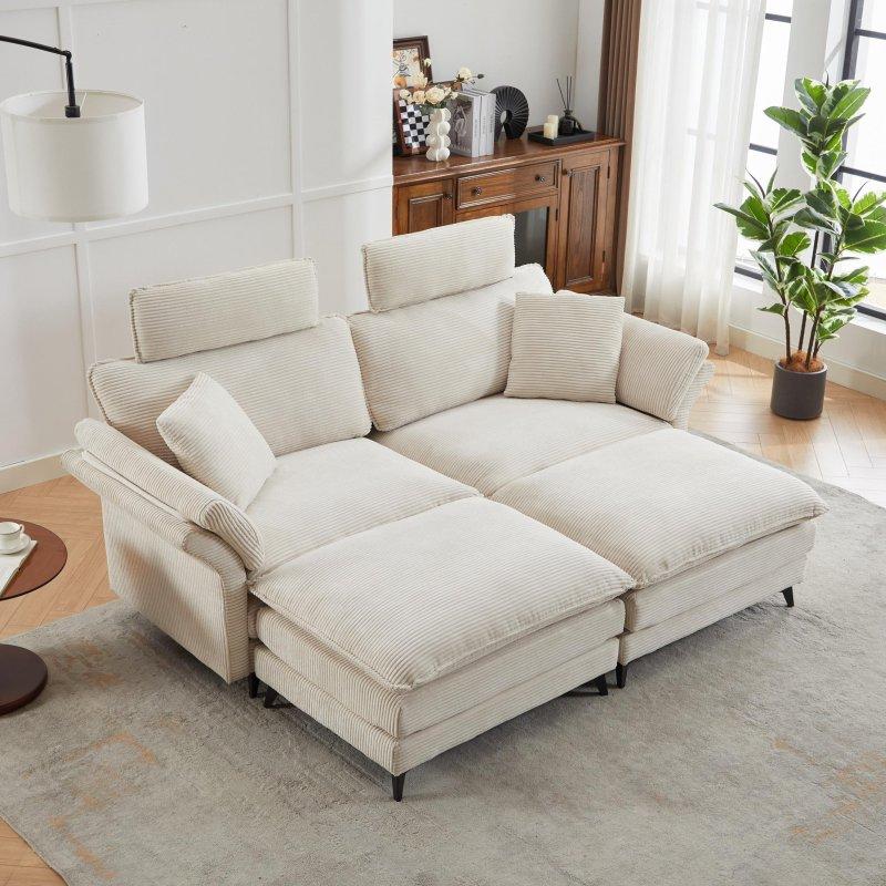 Bej Masif Ahşap İskeletli Kadife Kumaş Modüler 2 Puflu Derin Oturumlu Bohem Koltuk - 218x152x103 cm - 282383