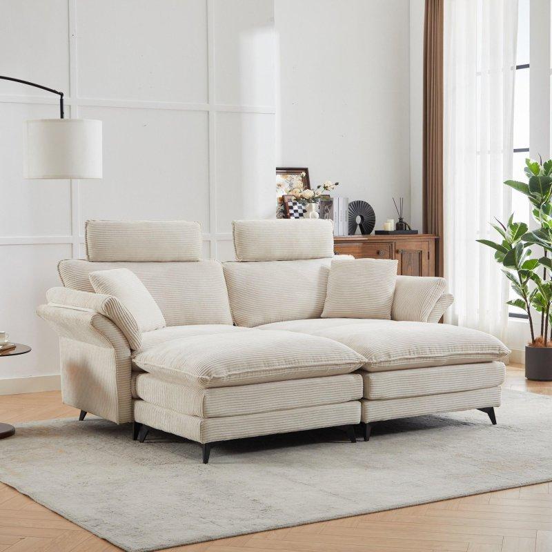 Bej Masif Ahşap İskeletli Kadife Kumaş Modüler 2 Puflu Derin Oturumlu Bohem Koltuk - 218x152x103 cm - 282383