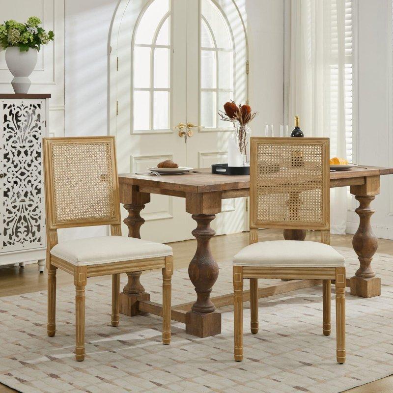 Bej Masif Ahşap Keten Döşemeli Fransız Tarzı 2li Rattan Sandalye - 251958 Bej Masif Ahşap Keten Döşemeli Fransız Tarzı 2li Rattan Sandalye - 251958