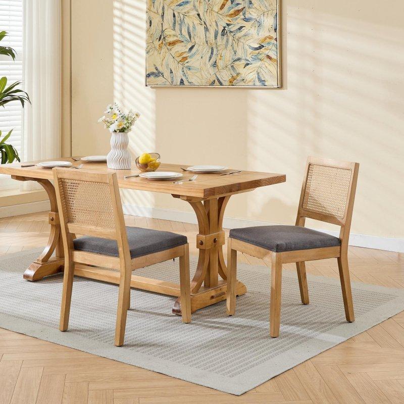 Bej Masif Ahşap Keten Kumaş 2li Set Rattan Sandalye - 50 cm Oturma Yüksekliği - 251720