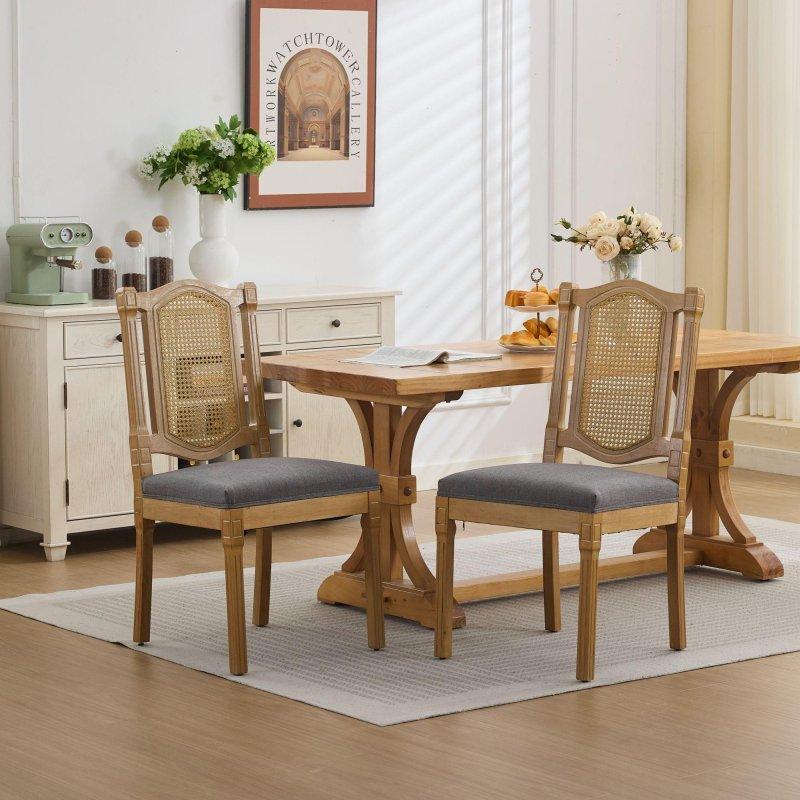 Bej Masif Ahşap Keten Minderli 2li Set Rattan Sandalye - 252044