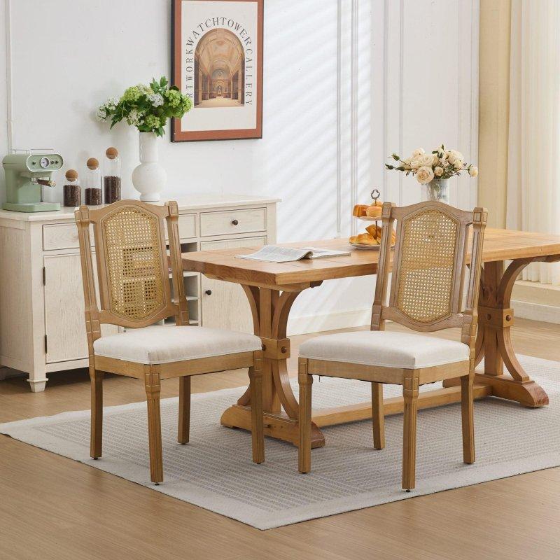 Bej Masif Ahşap Keten Minderli 2li Set Rattan Sandalye - 252044