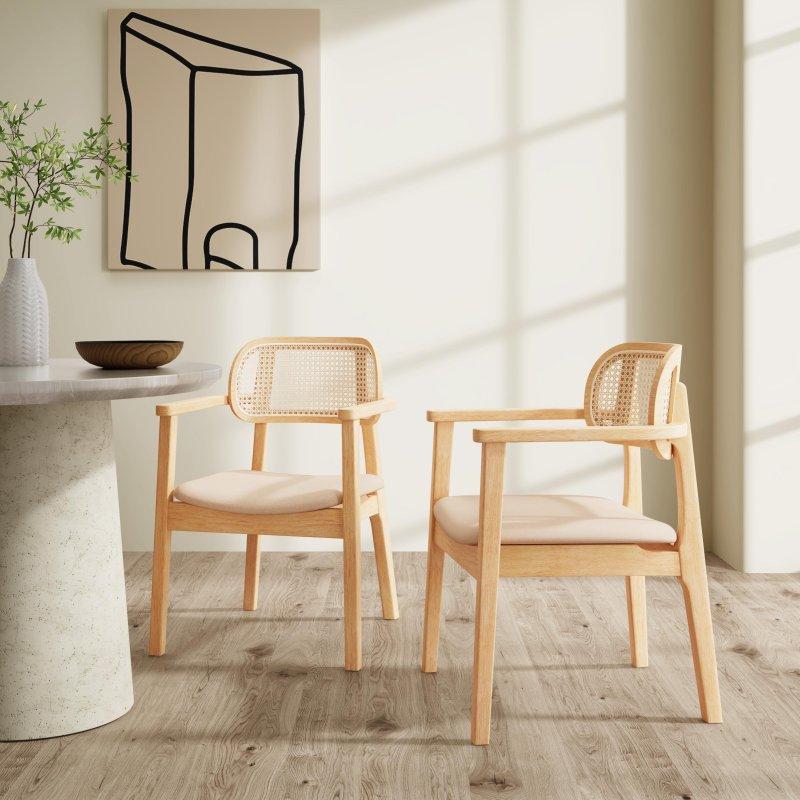 Bej Masif Ahşap Kolçaklı Döşemeli Rattan Sandalye Seti 2li - 252219