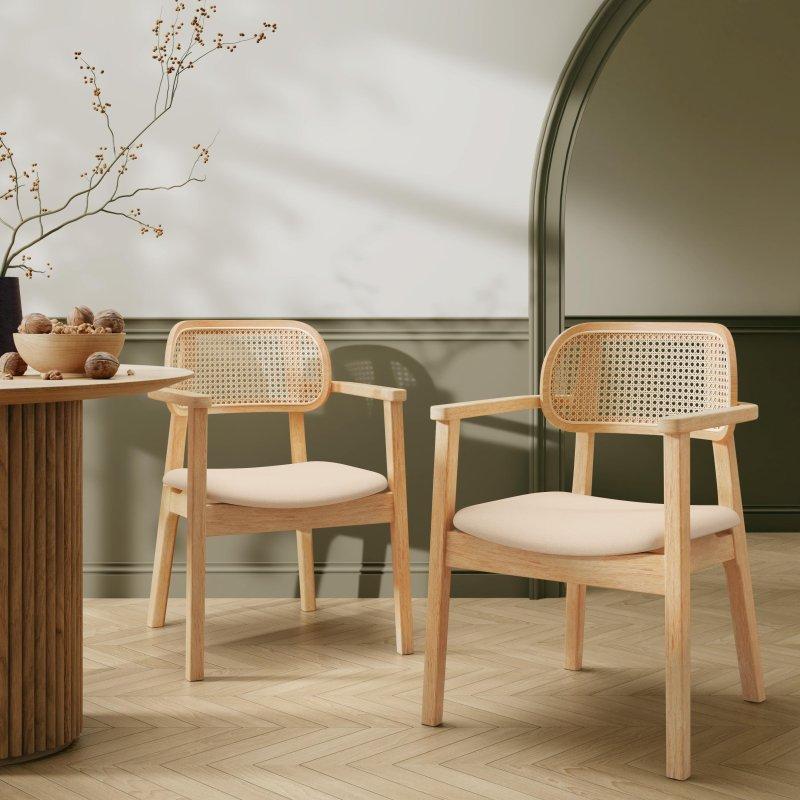 Bej Masif Ahşap Kolçaklı Döşemeli Rattan Sandalye Seti 2li - 252219