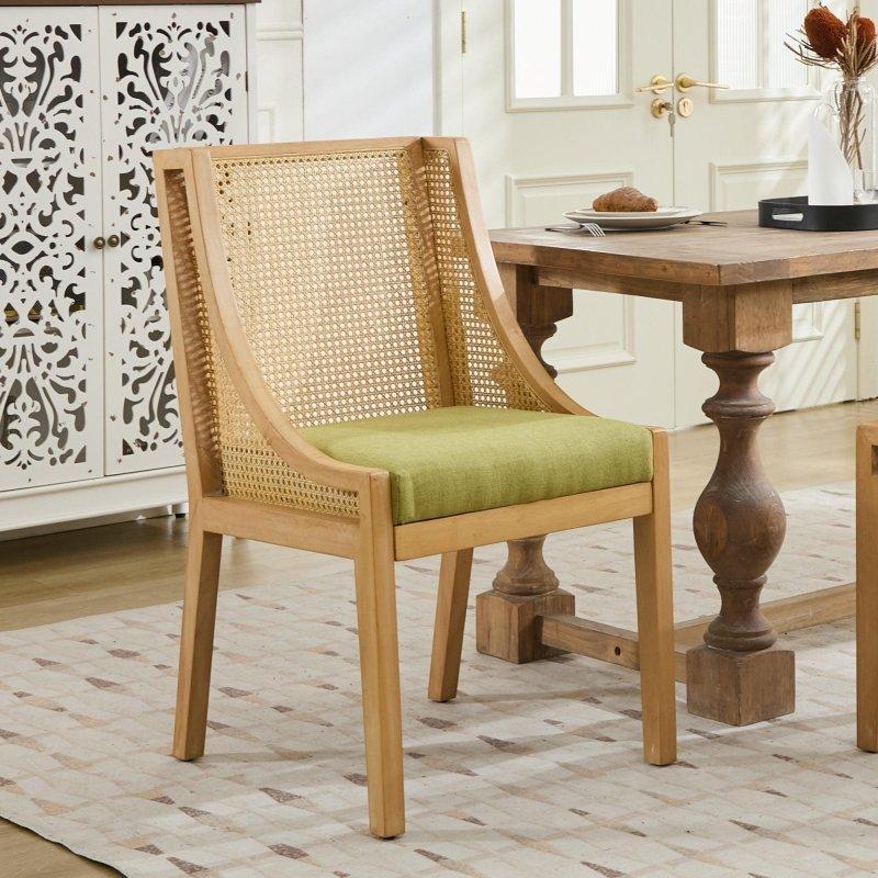Bej Masif Ahşap Kolçaklı Keten Döşemeli Rustik Rattan Sandalye - 252761