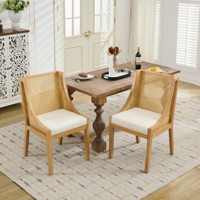 Bej Masif Ahşap Kolçaklı Keten Döşemeli Rustik Rattan Sandalye - 252761