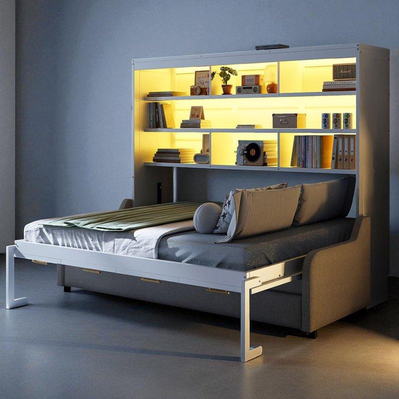 Bej Masif Ahşap Koltuklu LED Işıklı Raflı Duvar Yatağı - 233x168 cm - 262419