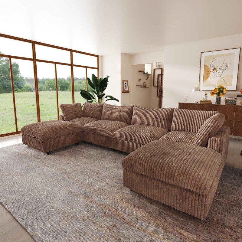 Bej Masif Ahşap Modüler Çizgili U Şekilli Köşe Koltuk - 400x200 cm - 258649