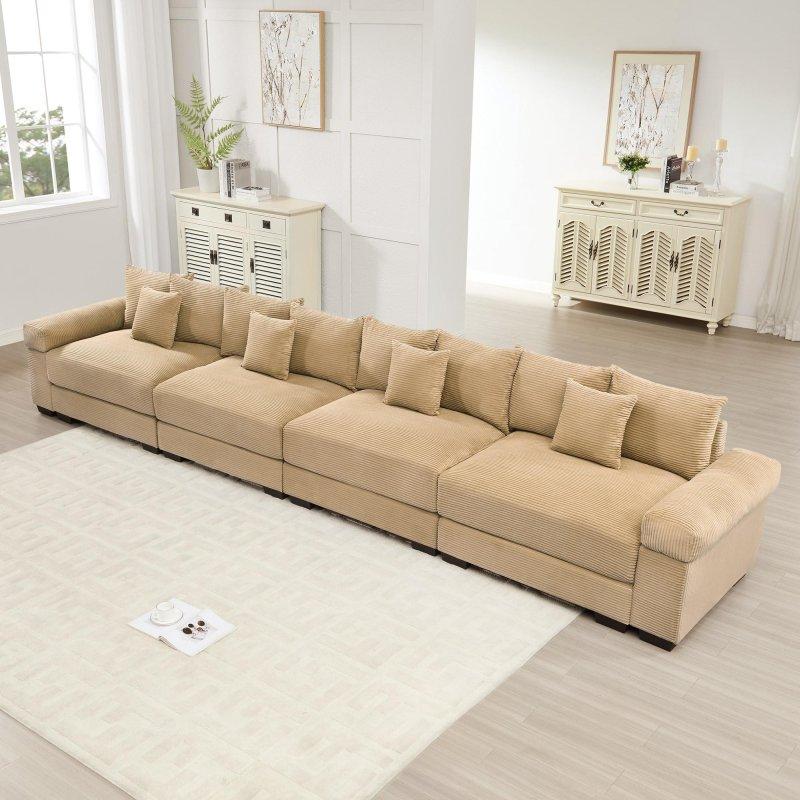 Bej Masif Ahşap Modüler Derin Oturumlu Kadife Bohem Koltuk - 330 cm - 281252