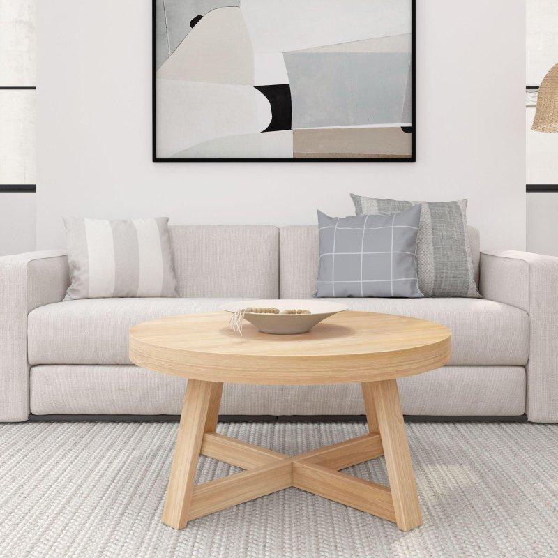 Bej Masif Ahşap Tel Fırçalanmış Yuvarlak Orta Sehpa - 92 cm - 242967