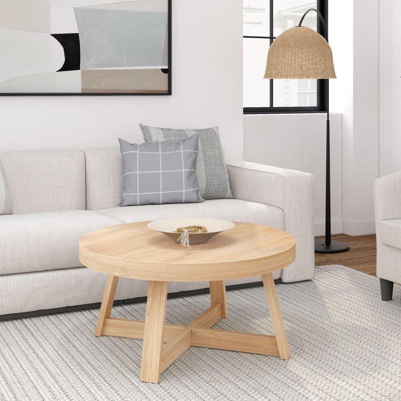 Bej Masif Ahşap Tel Fırçalanmış Yuvarlak Orta Sehpa - 92 cm - 242967