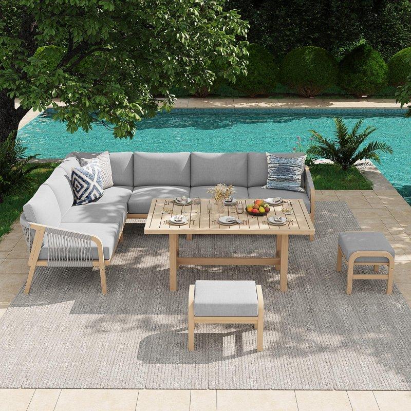 Bej Masif Akasya Ahşap Rattan Detaylı Yemek Masalı 6 Parça Köşe Bahçe Takımı - 269606