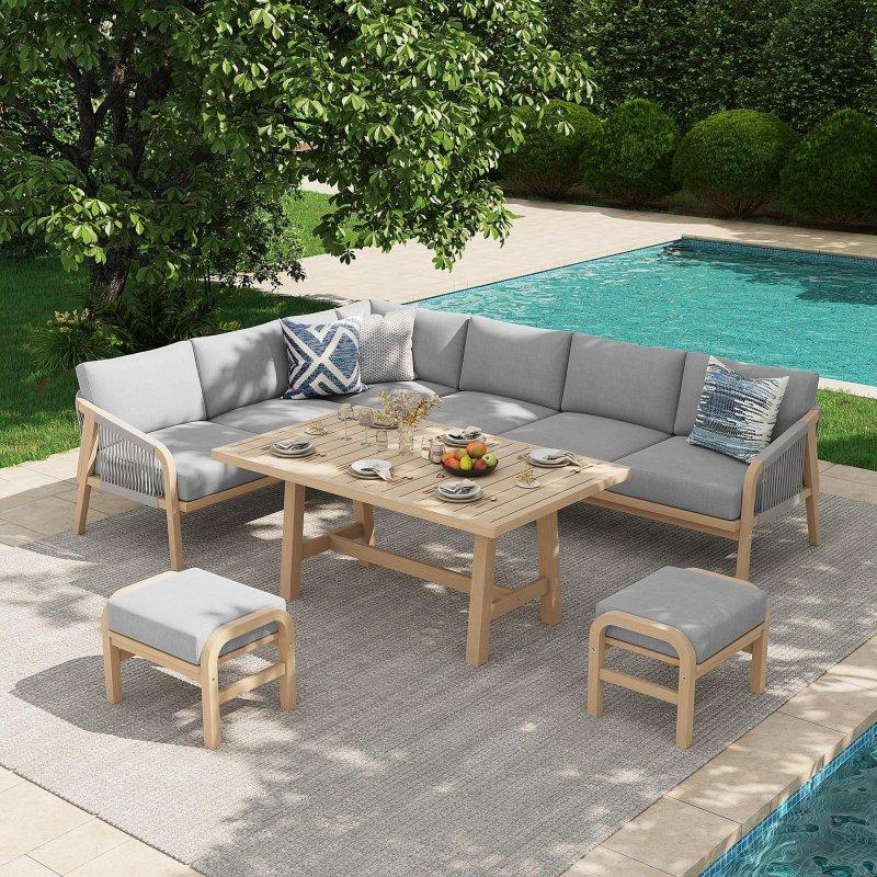 Bej Masif Akasya Ahşap Rattan Detaylı Yemek Masalı 6 Parça Köşe Bahçe Takımı - 269606