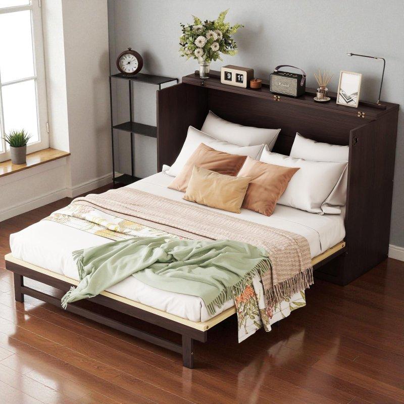 Bej Masif Çam Ağacı Rattan Panelli Çekmeceli Katlanır Duvar Yatağı - 260950