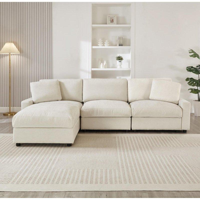 Bej Masif Çam İskeletli Saklama Alanlı ve Hareketli Puflu Köşe Koltuk - 263x156 cm - 259127