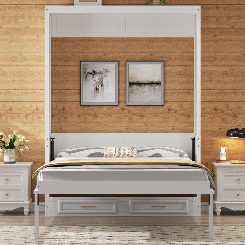 Bej Masif Çam ve MDF İki Çekmeceli Gardırop Tasarımlı Duvar Yatağı - 205x157 cm - 265856