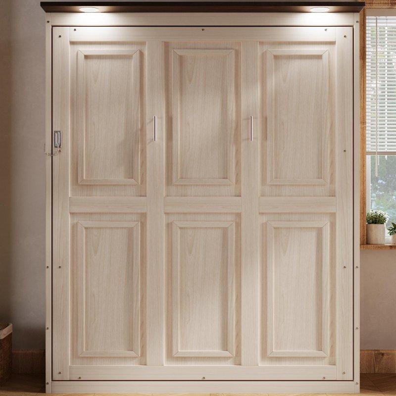 Bej Masif Çam ve MDF LED Aydınlatmalı Katlanabilir Çift Kişilik Duvar Yatağı - 264653