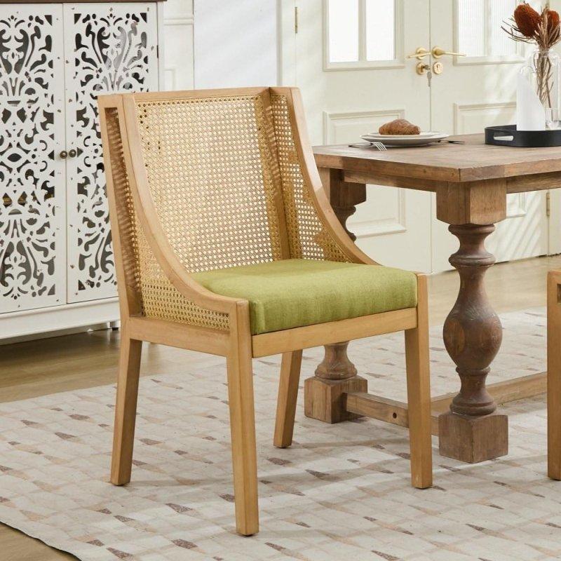 Bej Masif Kauçuk Ağacı Keten Döşemeli Dekoratif Kolçaklı Rattan Sandalye - 61x56x95 cm - 252346