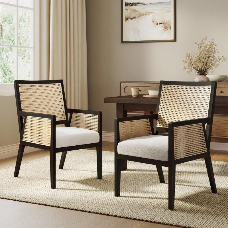 Bej Masif Kauçuk Ağacı Kolçaklı 2li Set Rattan Sandalye - 58x63x92 cm - 252493