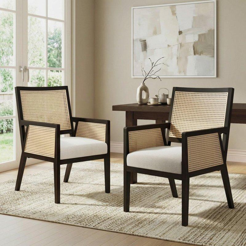 Bej Masif Kauçuk Ağacı Kolçaklı 2li Set Rattan Sandalye - 58x63x92 cm - 252493