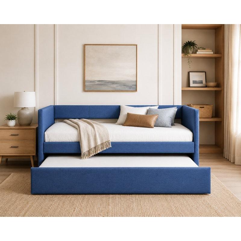 Bej Masif Kauçuk Ağacı Kumaş Döşemeli Yavru Yataklı Karyola - 206x86 cm - 328861
