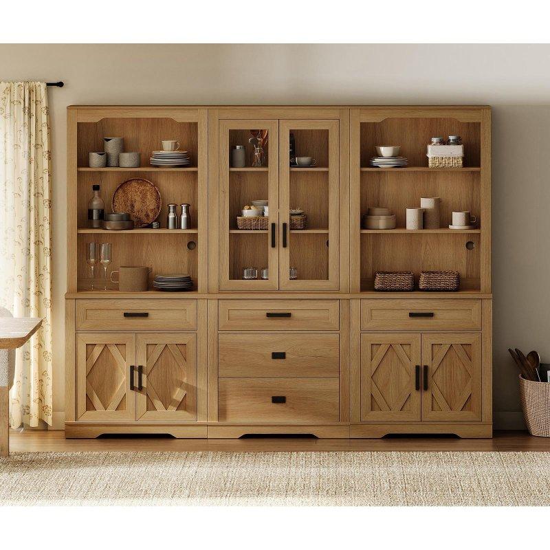 Bej MDF 3 Bölmeli Sürgülü Kapaklı ve Açık Raflı Cam Kapaklı Kitaplık - 241x40x186 cm - 239483